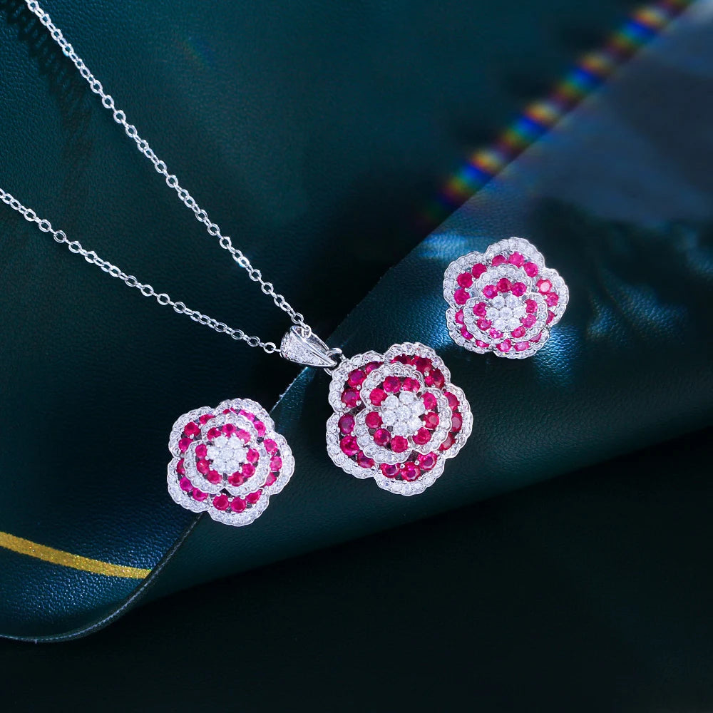 Elegant Flower Pendant Wedding Luxury Necklace and Earrings Full Zirconia Bridal Big Red Flower Shape Jewelry Set for Women