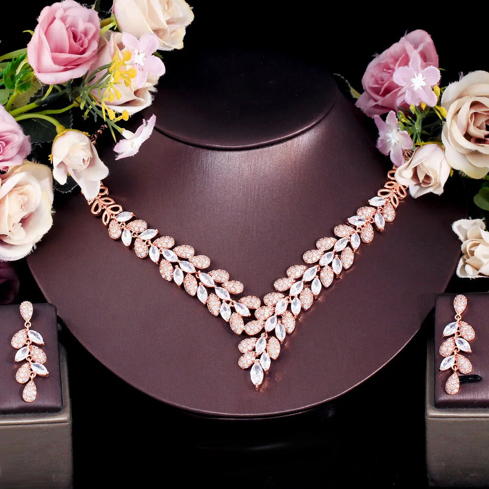 Premium Cubic Zircon Necklace Earring Luxury Leaf Design Dubai Gold Color Jewelry Set for Women Engagement Party Accessories