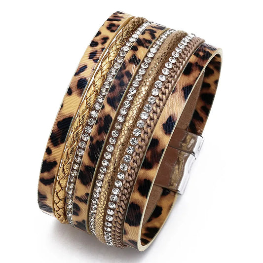 Hot Selling Fashion European and American Brick Inlaid PU Leather Magnetic Buckle Natural Leopard Print Ladies Bracelet