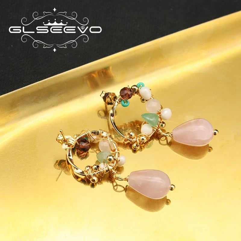Trendy Pink Water Drop Pearl Earring Round Twine Korean Style Woman Ear Rings Vintage Jewelry Wedding Lady Gift
