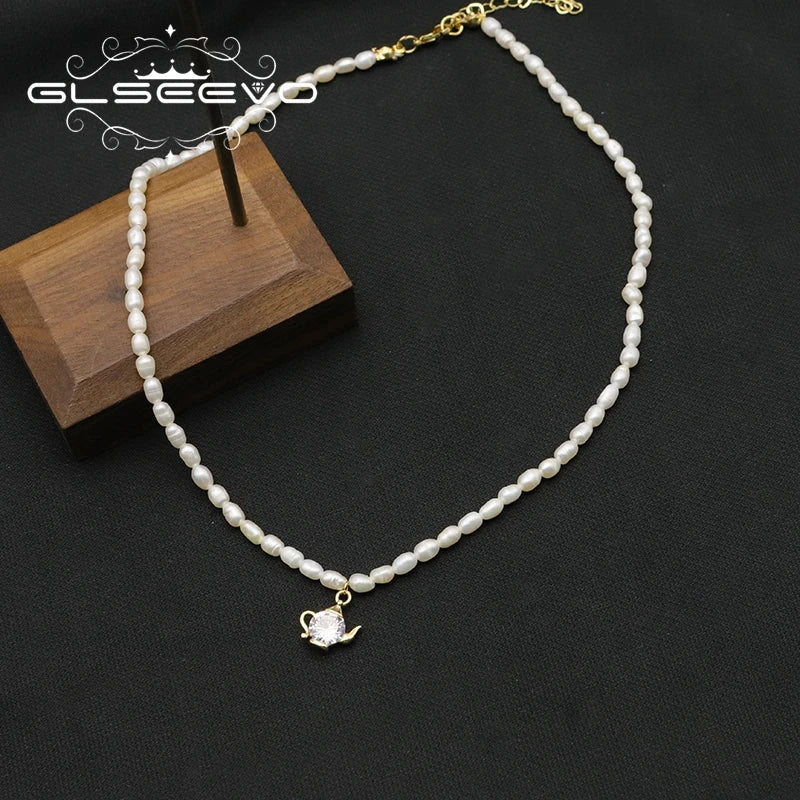 Natural Freshwater Pearl Zircon love Pendant Necklace Gold-plated White Simple Fashion Fine Jewelry Necklace for Girlfriend Gift