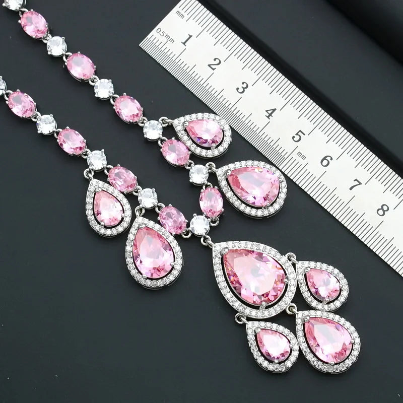 Luxury Water Drop Pink Zircon Necklace for Women Figaro Chain Silver Jewelry for Bridal Wedding Party Wholesale Gift Option