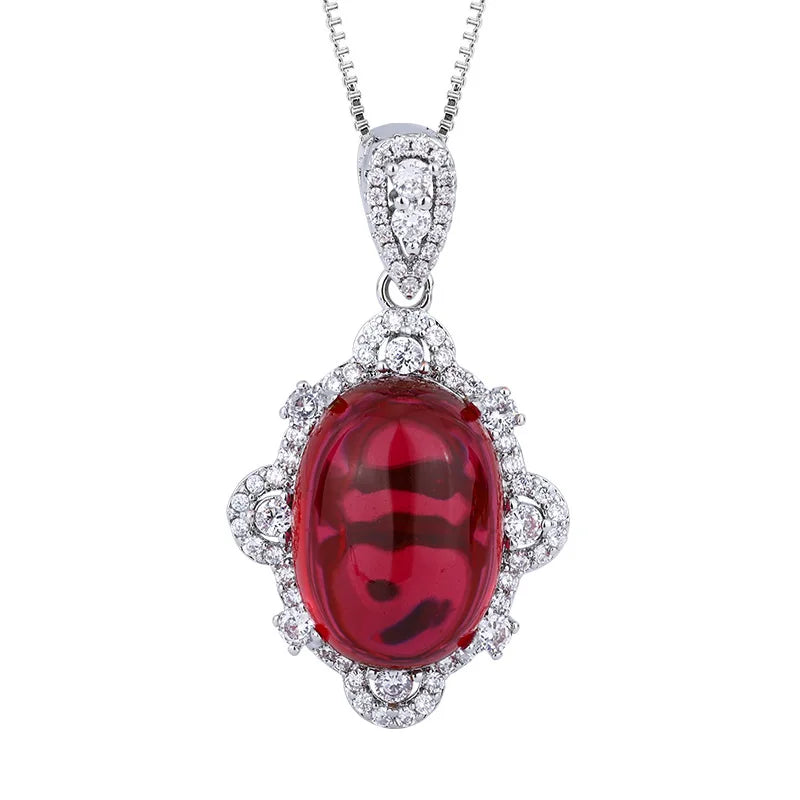 Gemfiori Luxury Oval Cabochon Ruby Jewelry Set Brass Plated Halo Pendant Necklace Ring Earring Vintage Royal Red Gemstone Wedding Jewelry