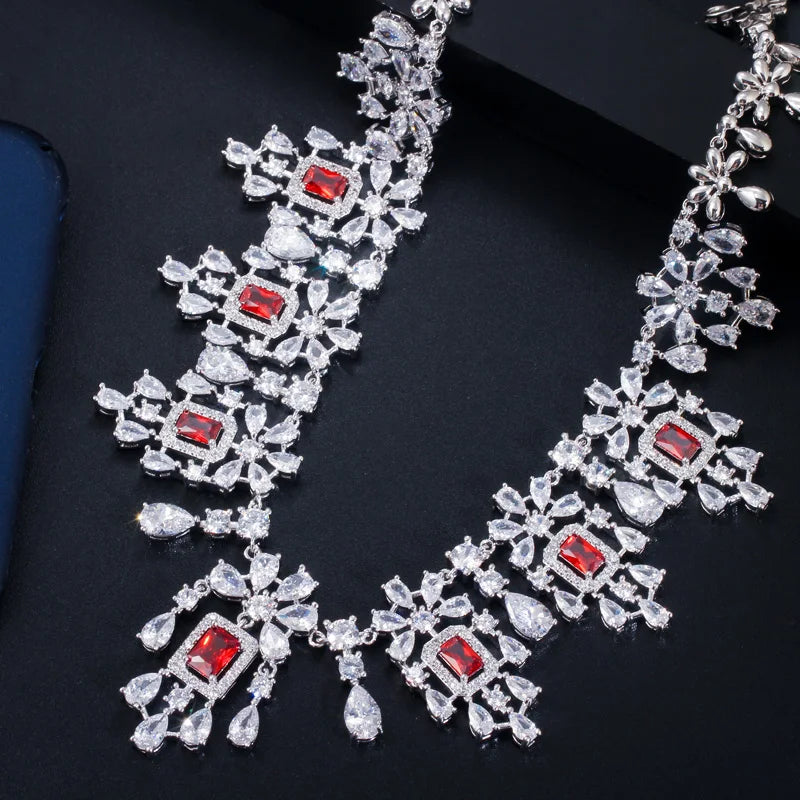 Shiny Red Cubic Zircon Big Round Tassel Drop Necklace Earrings Jewelry Sets for Brides Luxury Wedding Prom Dress Accessories