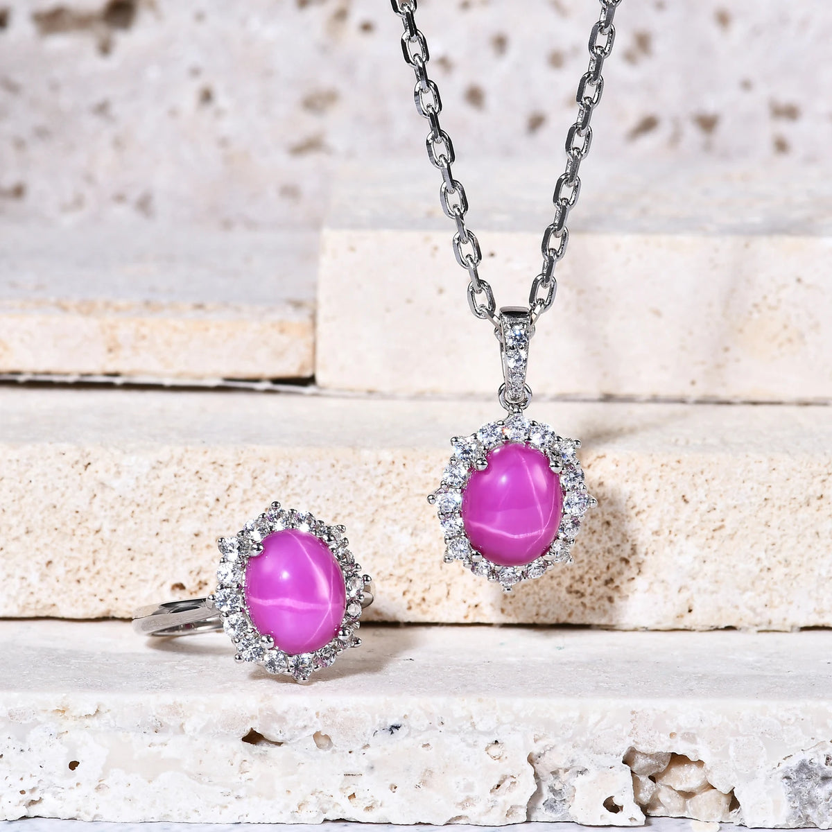 ArtistA A3801 Abiding Shining 925 Silver Jewelry Cz Lab Grown Star Ruby Gemstone Pendant Necklace Ring Set for Women