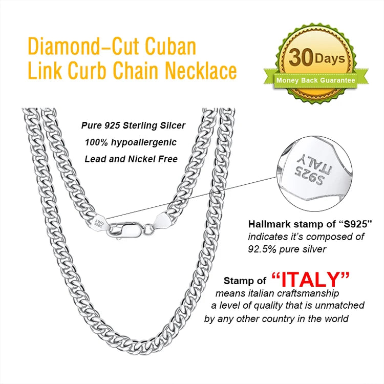 RINNTIN SC36 925 Sterling Silver Chains Hip Hop Jewelry 3.6/5/7mm Chunky Diamond-Cut Cuban Link Chain Necklace for Men Women