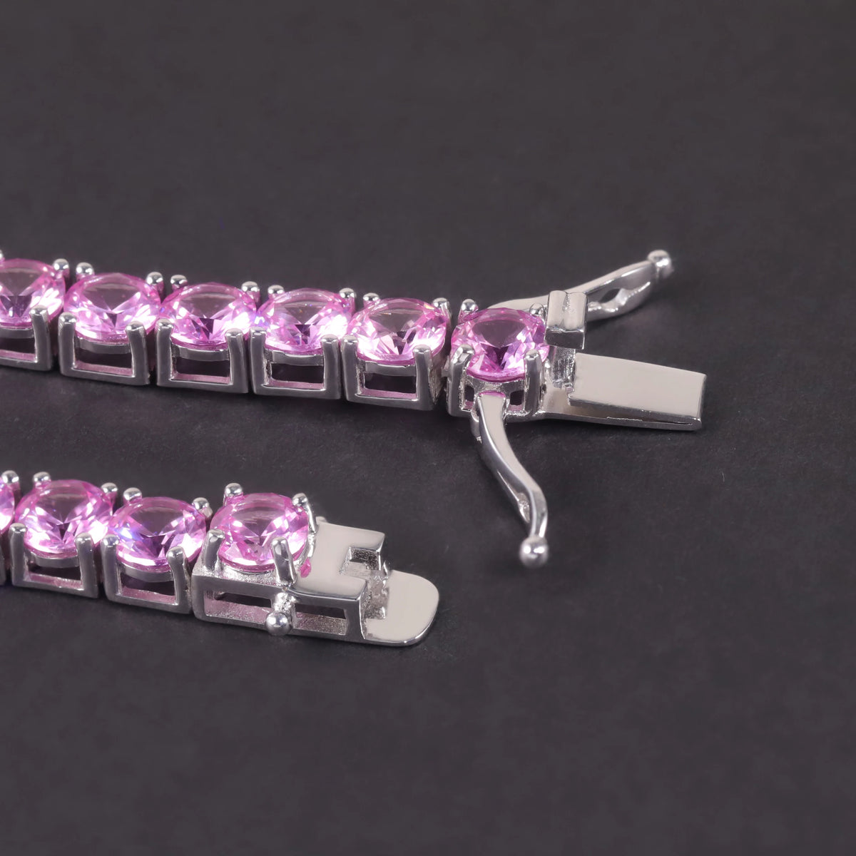Gemfiori Glamorous Women Bracelet Prong Setting 925 Silver Hip Hop 3mm Medium Pink Lab Grown Sapphire Tennis Chain Bracelets