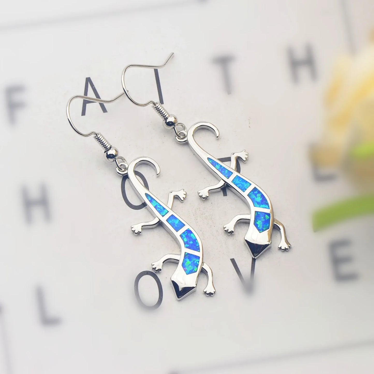 Geometric Opal Gecko Earrings - Blue Fire Opal Solitaire & CZ Accent Design | Elegant Formal Jewelry Bulk Gifts