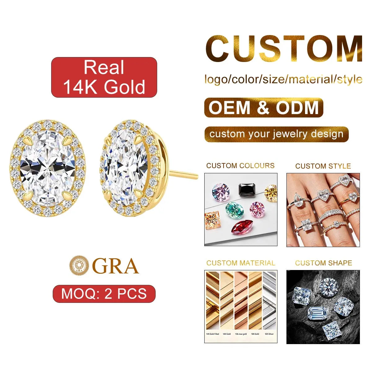 Gioiellieri Luxury Style Jewelry Engagement Wedding Gift Hollow 14K Gold Classic Halo 1 Carat Oval Moissanite Woman Stud Earrings