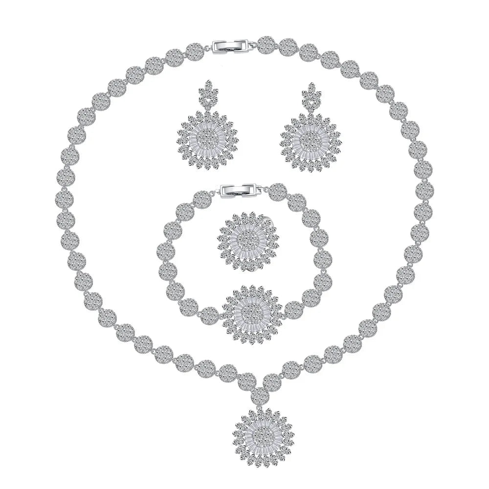 Luxury Round-Cut Zirconia 4-Piece Pendant Necklace, Earrings, Bracelet & Ring Bridal Set — Rhodium Plated