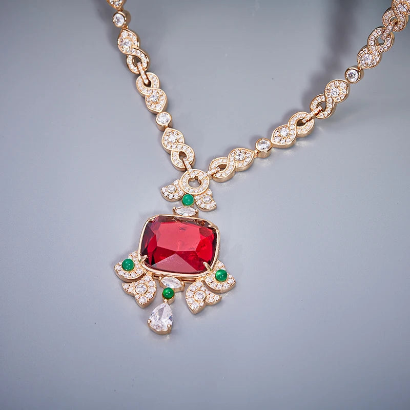 High Quality Rhodium Plated Jewelry Gifts Ruby Green Agate Women's Evening Dress Necklace Earrings Headdress Set