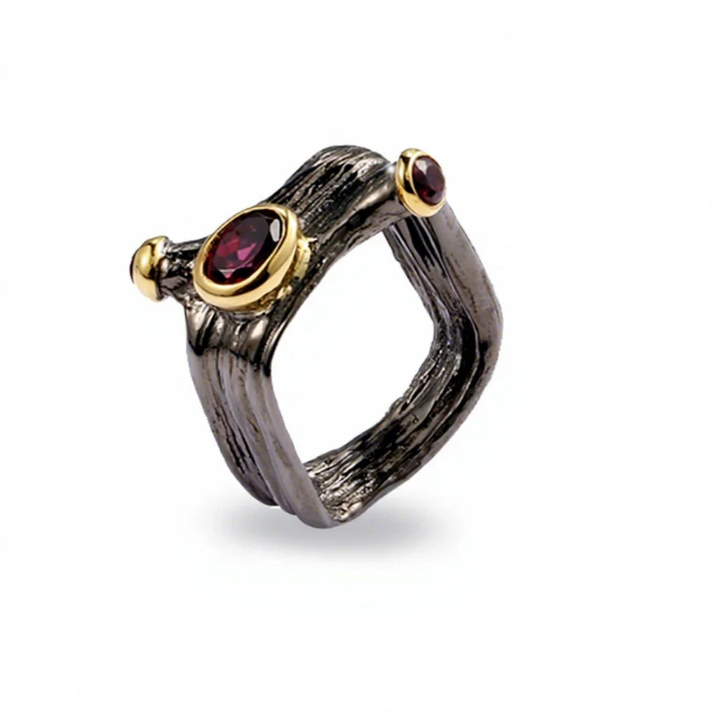 Retro Italy Garnet Stone Silver Ring Costume Jewelry Ring