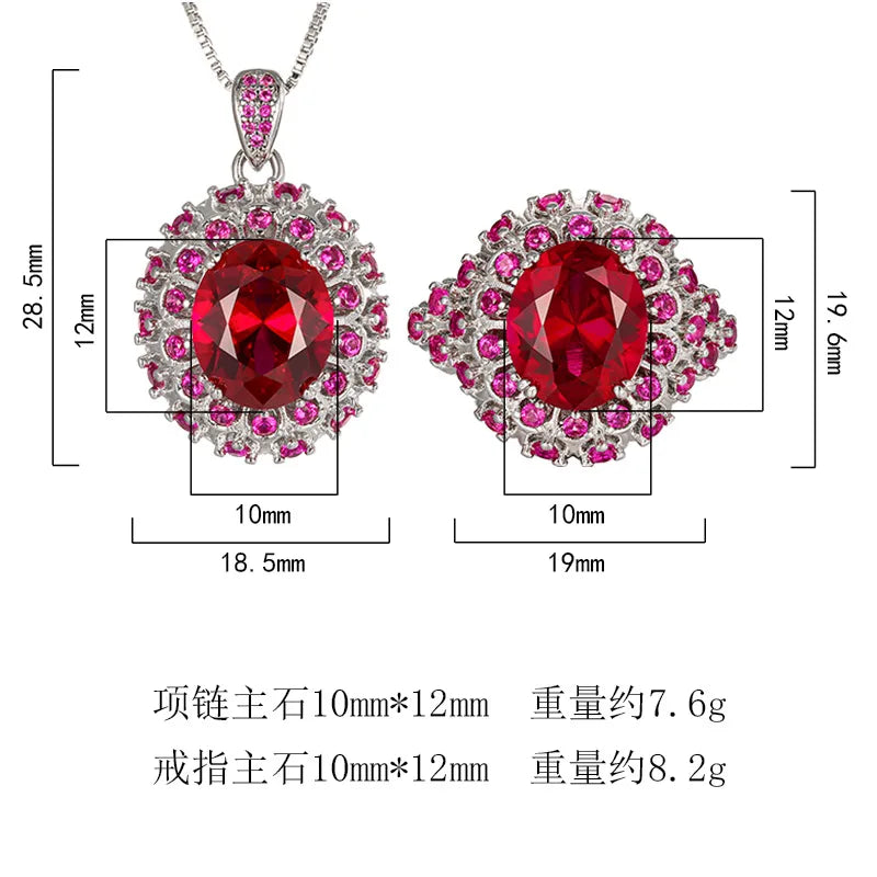 REDheart Red Corundum Pointed Pigeon Egg Fashion Pendant Necklace Set Brass Zircon Flake Blue Zircon Opening Ring Wedding 18K Gold Plated
