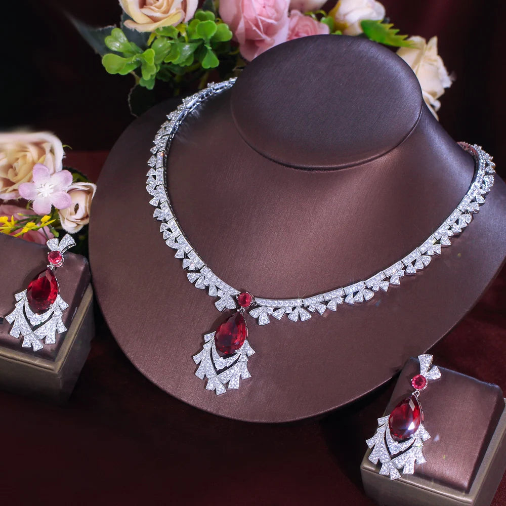 Gorgeous Cubic Zirconia Red Necklace and  Earrings Bridal Banquet Jewelry Set for Women Party Engagement Luxury Jewelry