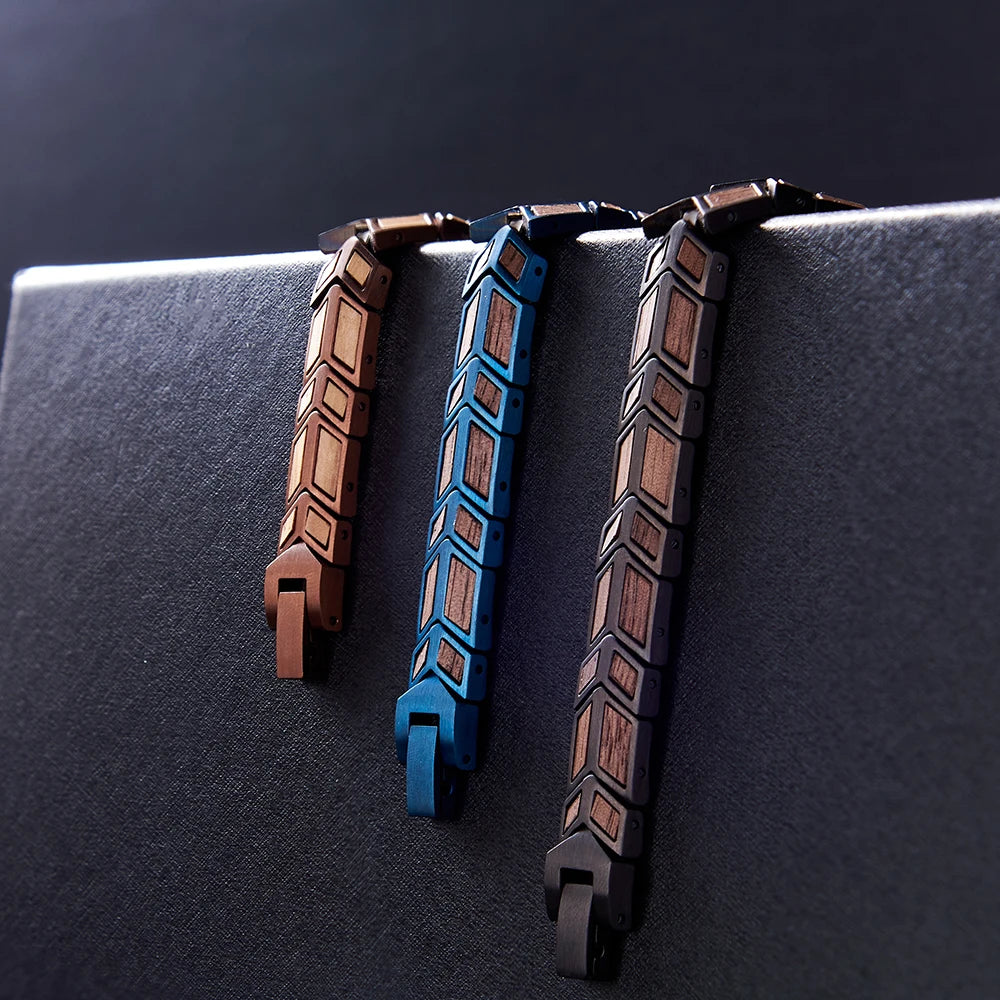REBEL Blue Stainless Steel and Walnut Wood Skeleton Bracelet Classic Style for Men and Women for Anniversary Occasions