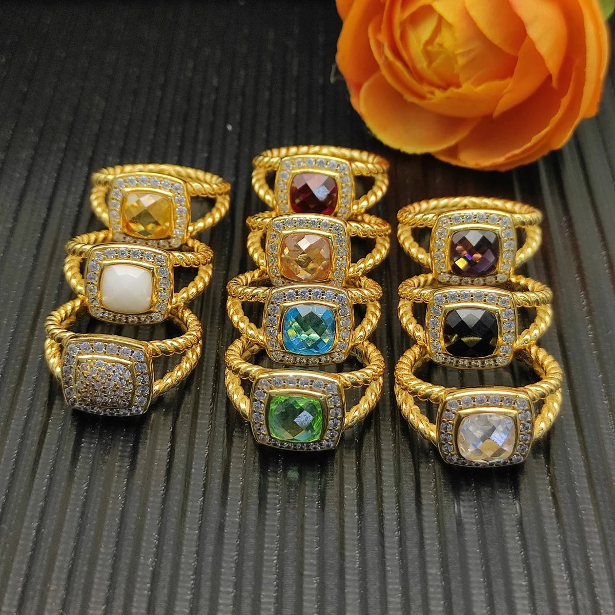 FASHIONISTA DY High-Quality Silver-Plated 14mm Square Diamond-Set Ring, Gold-Plated Colored Gemstone-Set Ring, Jewelry