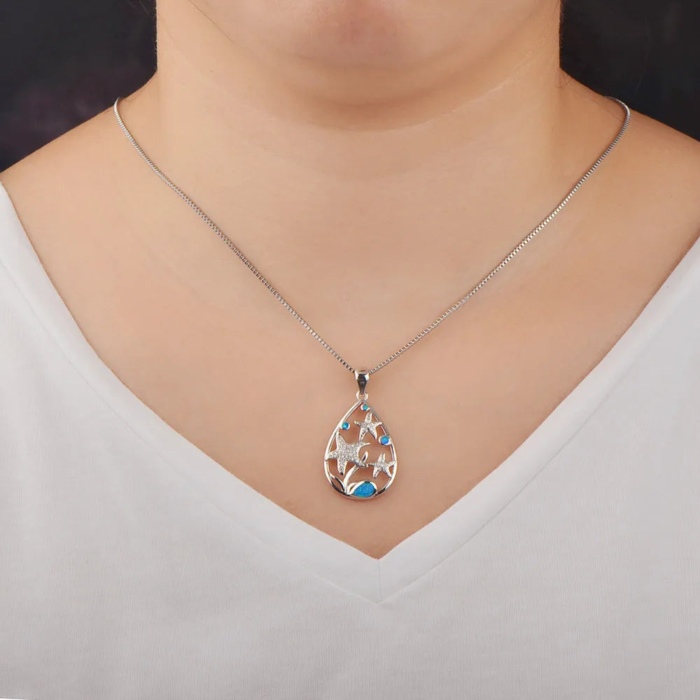 Opal Simple Necklace for Women Fashionable Style Blue Starfish Three Treasures Pendant Opal Necklace