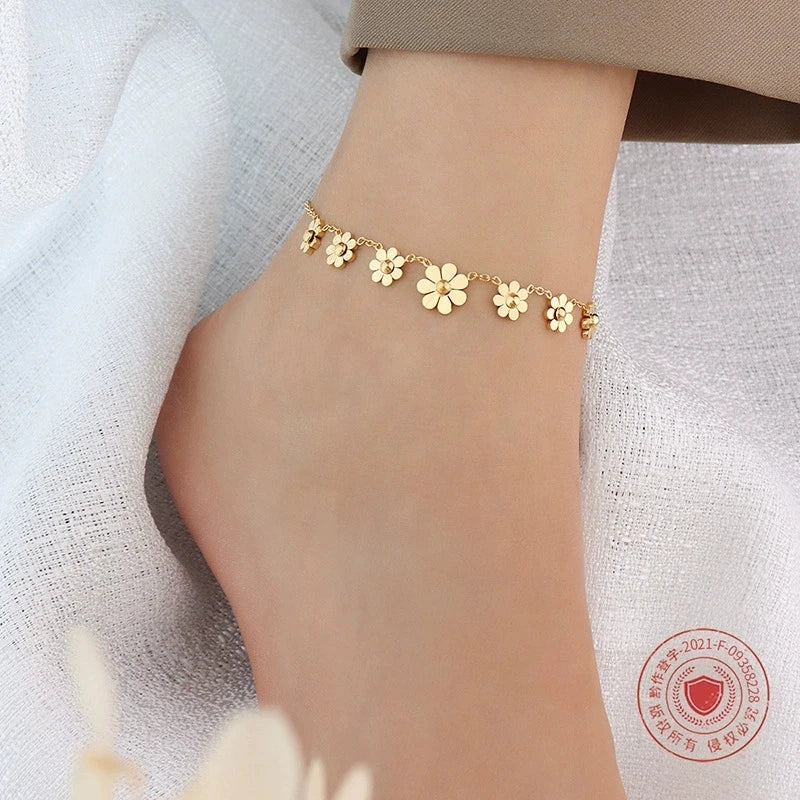 LT-S037 Japanese and Korean Style INS Daisy Petal Anklet Versatile Accessory Chain Plated 18K Real Gold