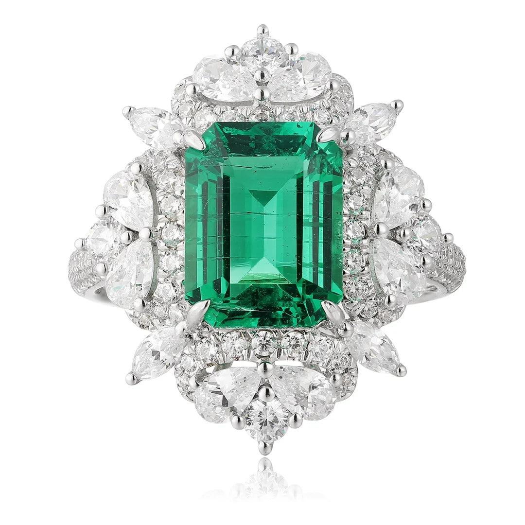 Gemfiori Anster 925 Sterling Silver High Quality Gemstone 3.2ct Lab Created Zambia Emerald Cut Ring Jewelry