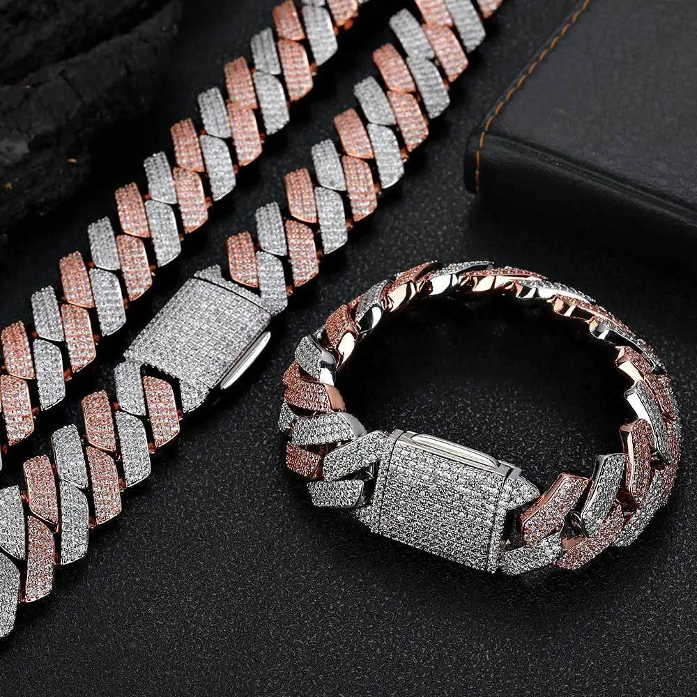 Fashion Jewelry Two-tone 22MM Heavy Chain Rose Gold Silver Color Bracelet Necklace for Man Hip Hop Jewelry Set