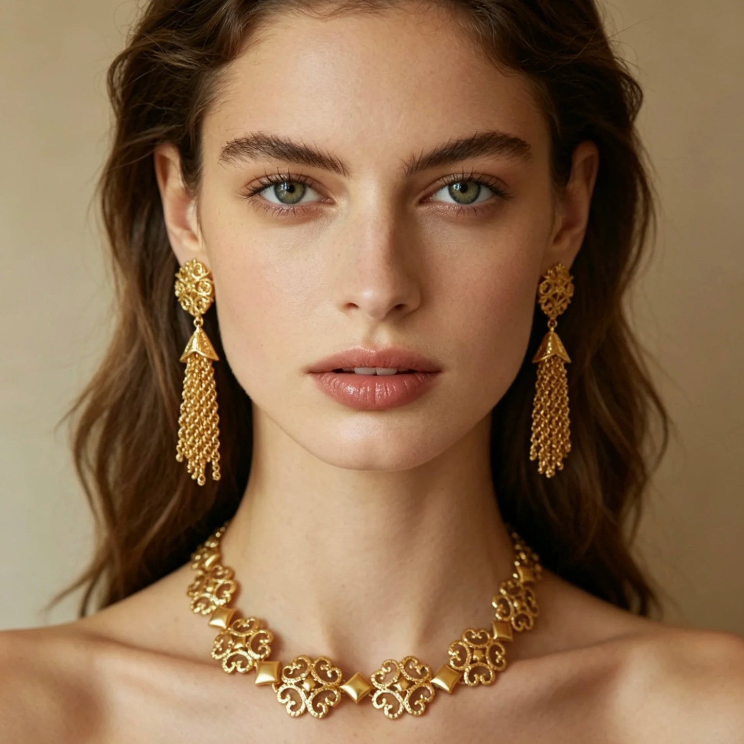 Bella Viva Vintage Filigree Necklace and Earrings, 18K Gold Plated Brass, Fashion Jewelry Set for Women Party, Banquet & Daily