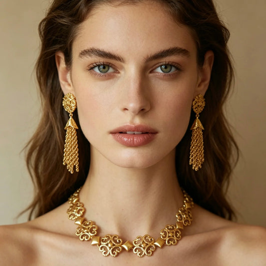 Bella Viva Vintage Filigree Necklace and Earrings, 18K Gold Plated Brass, Fashion Jewelry Set for Women Party, Banquet & Daily