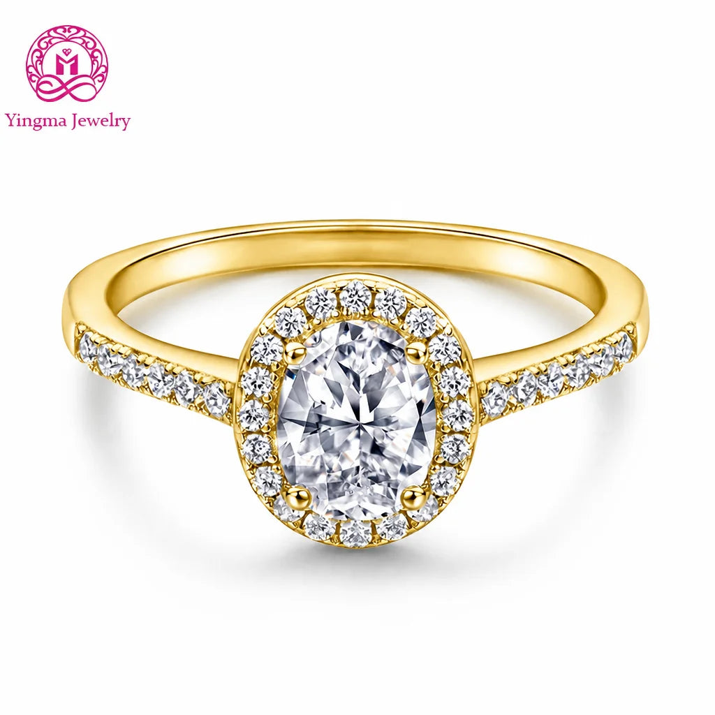 Gioiellieri Oval Cut Four Prong Single Halo Half Pave Shoulders Lab Grown Diamond Ring 1.5ct D VVS1 9K 10K 14K 18K Gold Women Fine Jewelry