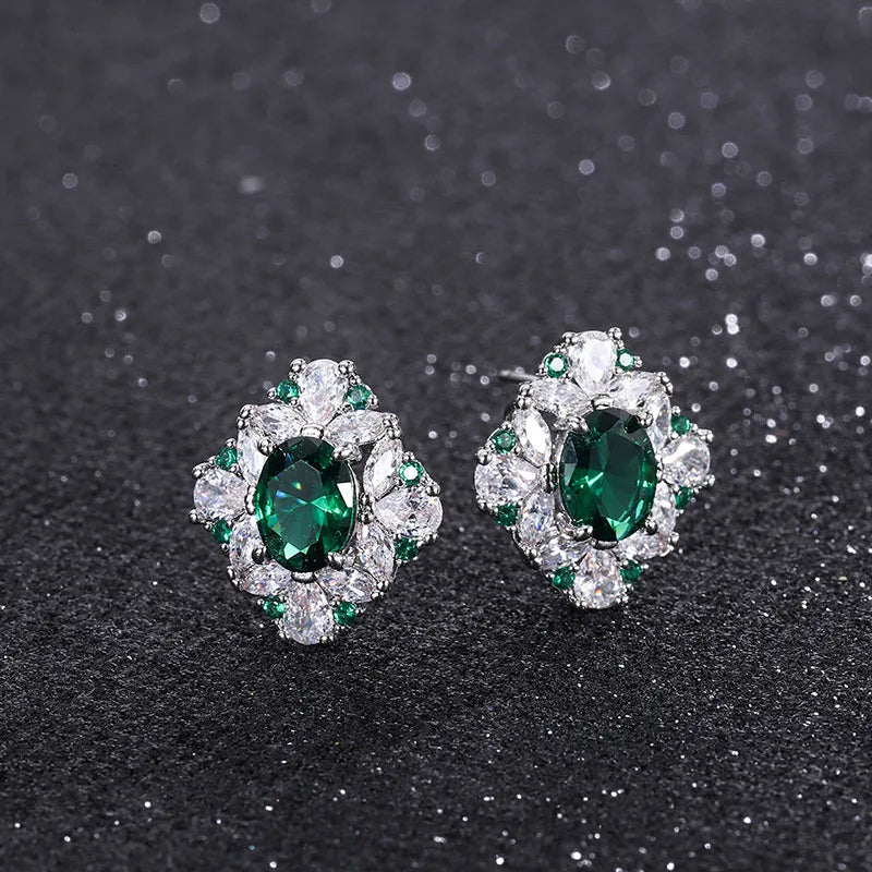 Gemfiori European and American Temperament Inlaid with Emerald Zircon Jewelry Fashionable Retro High-end Pendant Earrings Ring Set