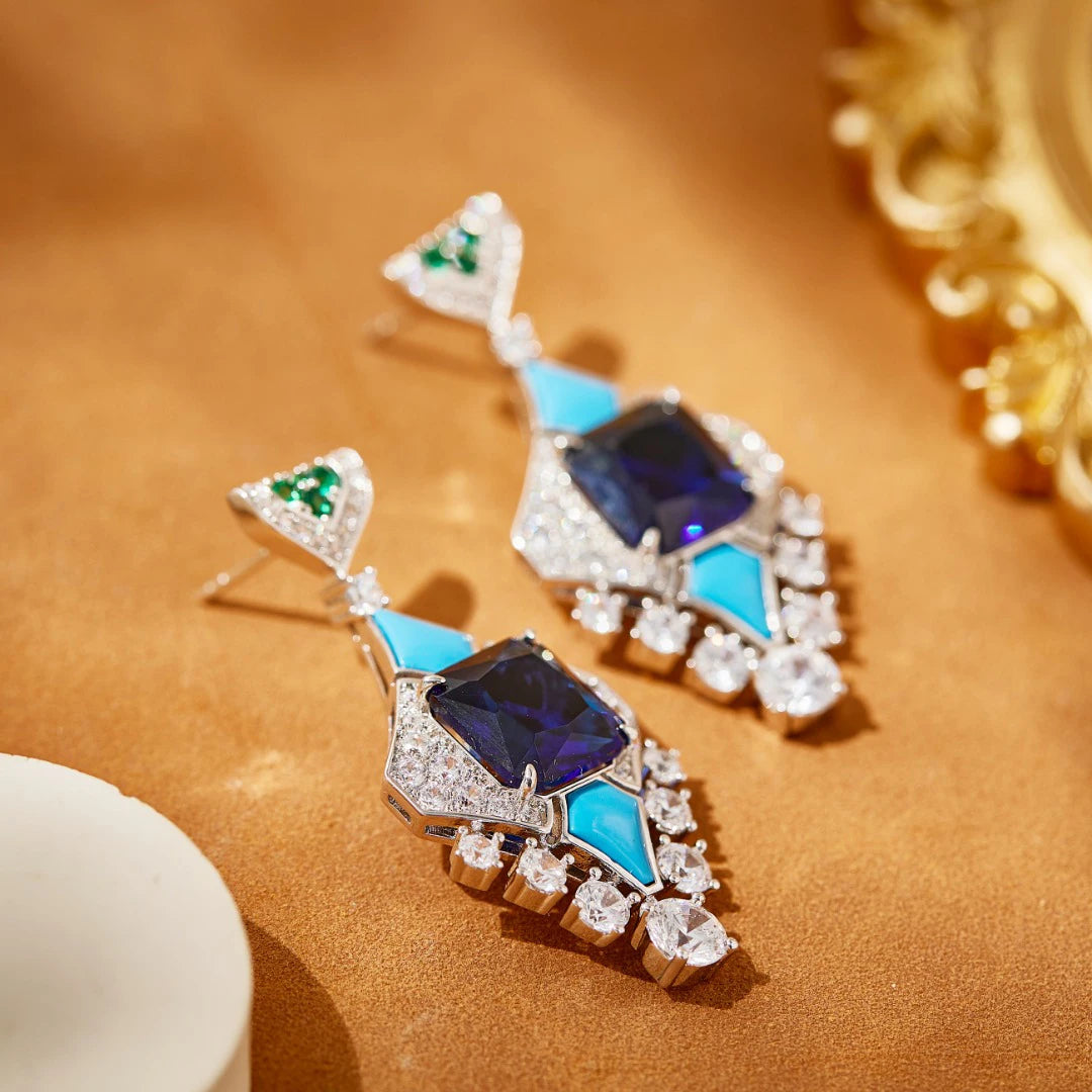 Luxury Blue Turquoise Zirconia Claw-Set Long Chain Pendant Necklace & Earrings Set — Rose Gold & Rhodium Plated
