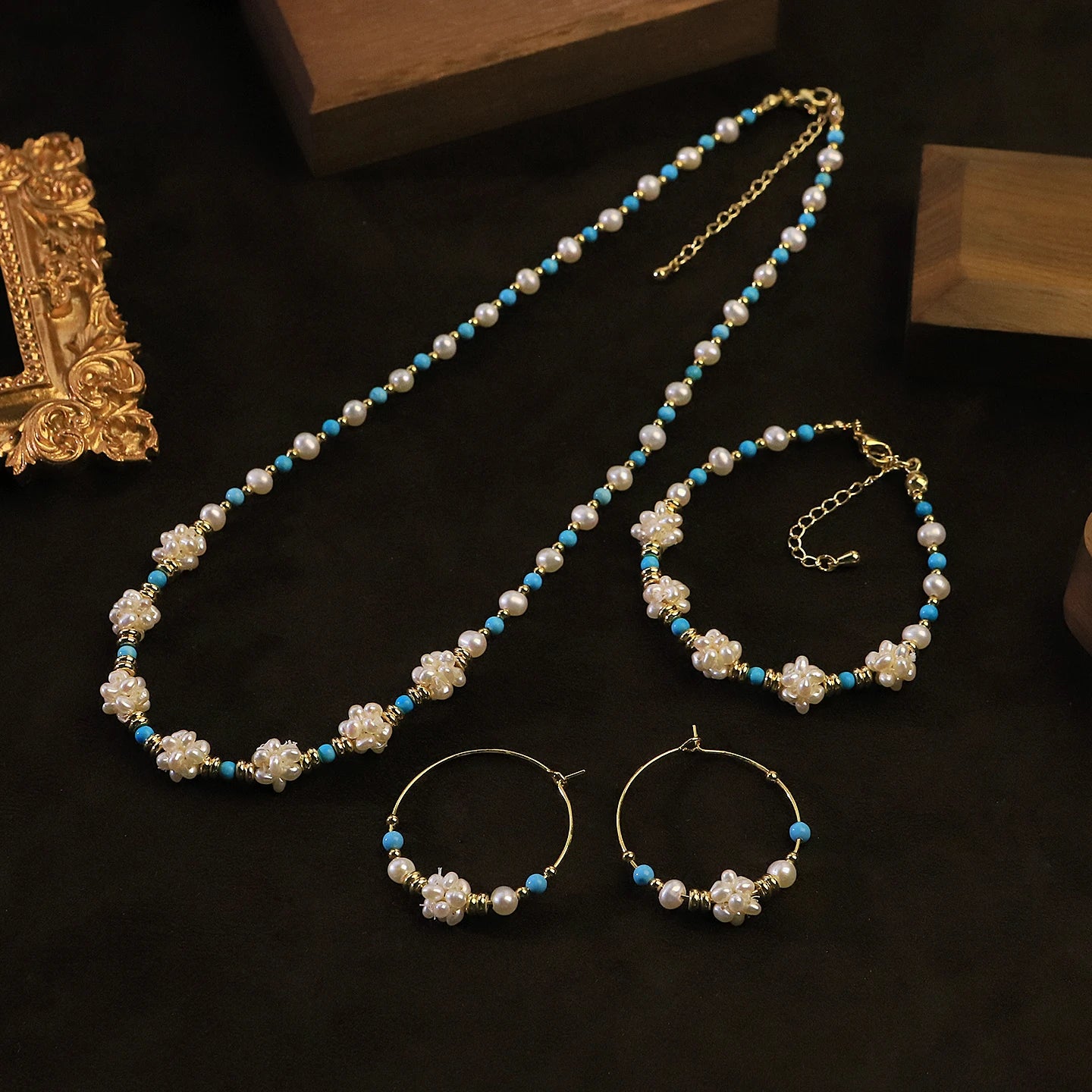 GLSEEVO Natural Pearl, Turquoise & Copper Bead Dainty Necklace, Earrings & Bracelet Set — Bohemian Style