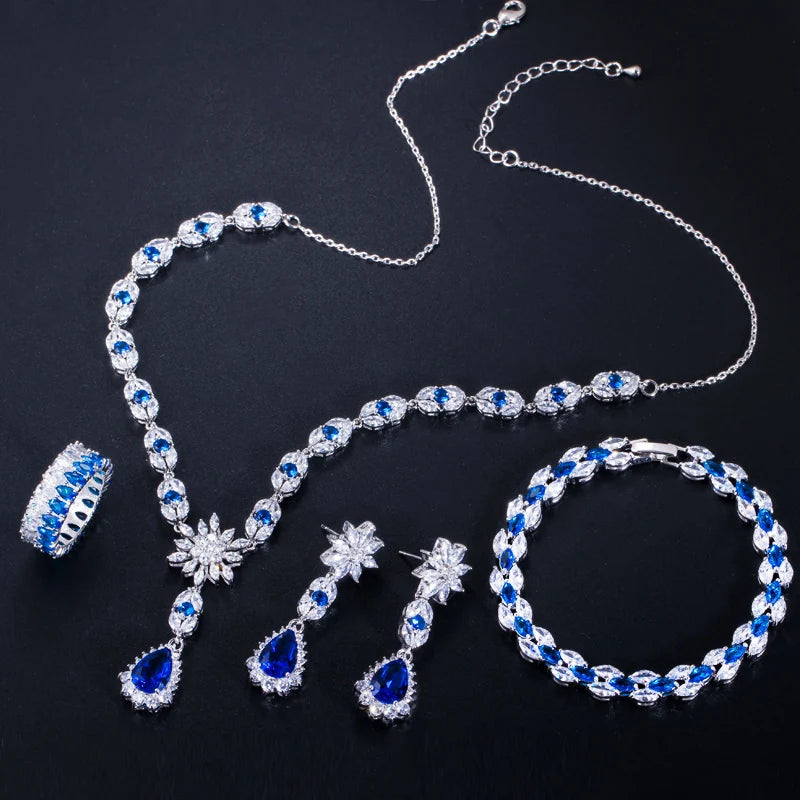 4pcs Bridal Jewelry Set for Wedding Blue Stone CZ Cubic Zircon Ring Earring Bracelets Necklace for Women Jewelry Accessories