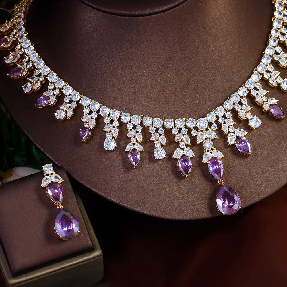 Luxury Pear-Cut Purple Zirconia Claw-Set Necklace & Earrings Bridal Set — Gold Plated