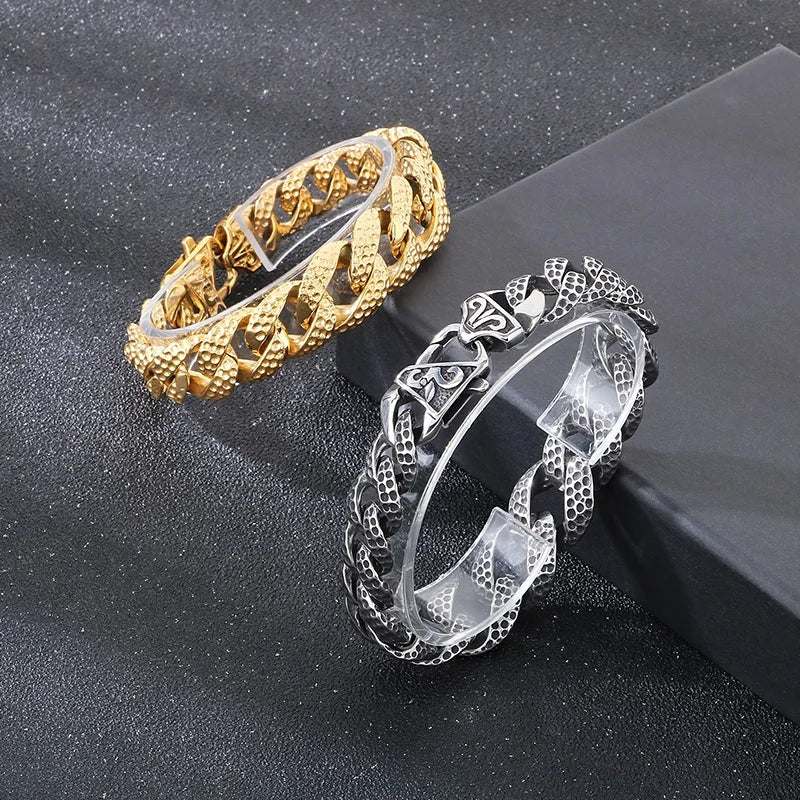 KALEN Fine Gothic Jewelry Fashion Bracelets Men Stainless Steel Pitted Cuban Links Bracelet Bangle