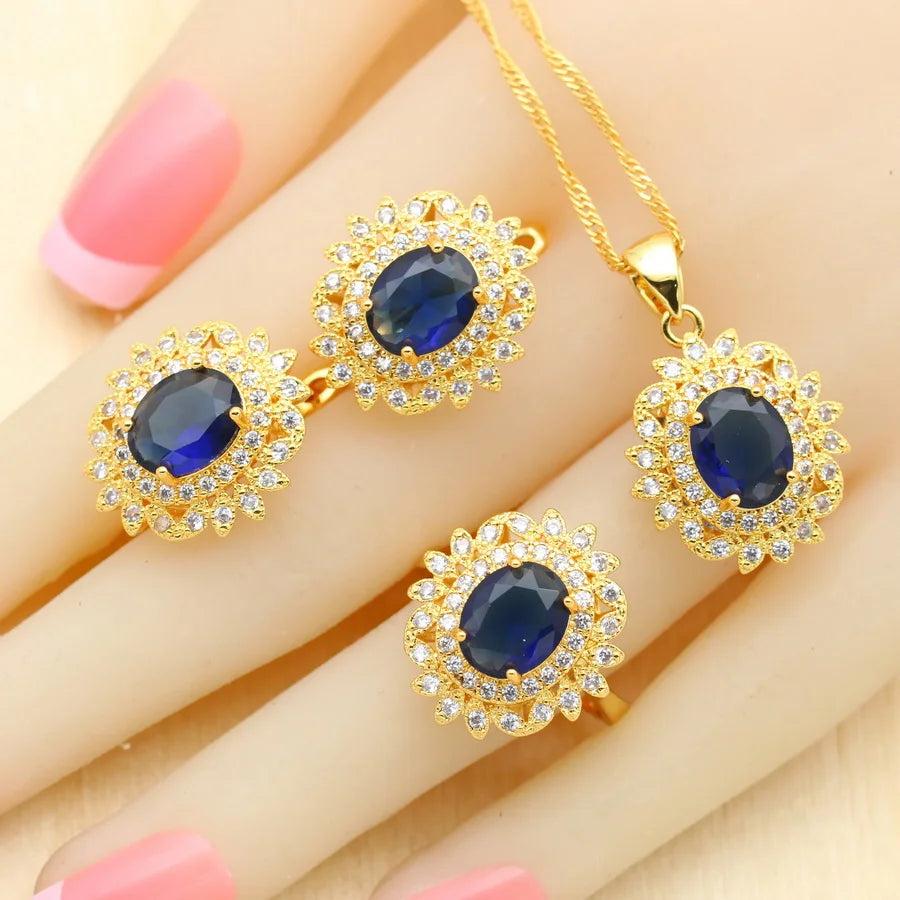 XOTICA Luxury Blue Crystal Gold Plated Wedding Jewelry Set for Women Including Earrings Pendant Ring Zircon for Parties Engagements