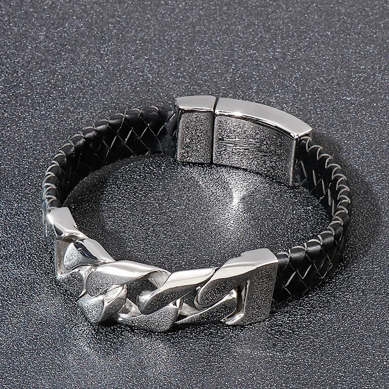 REBEL Vintage Mens Fashion Bracelets Bangles Stainless Steel Cuban Links Leather Bracelet Bangle