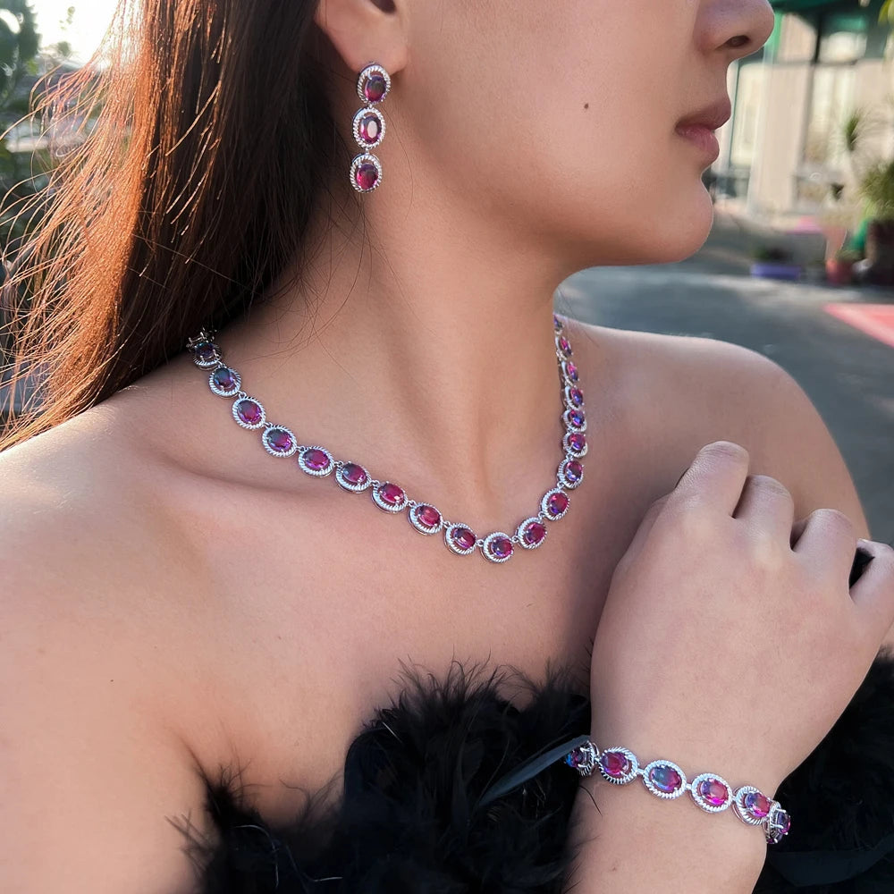 3 Pcs Elegant Rainbow Cubic Zirconia Topaz Oval Drop Earrings Necklace and Bracelet Set Jewelry Gift for Ladies Party Bridesmaid