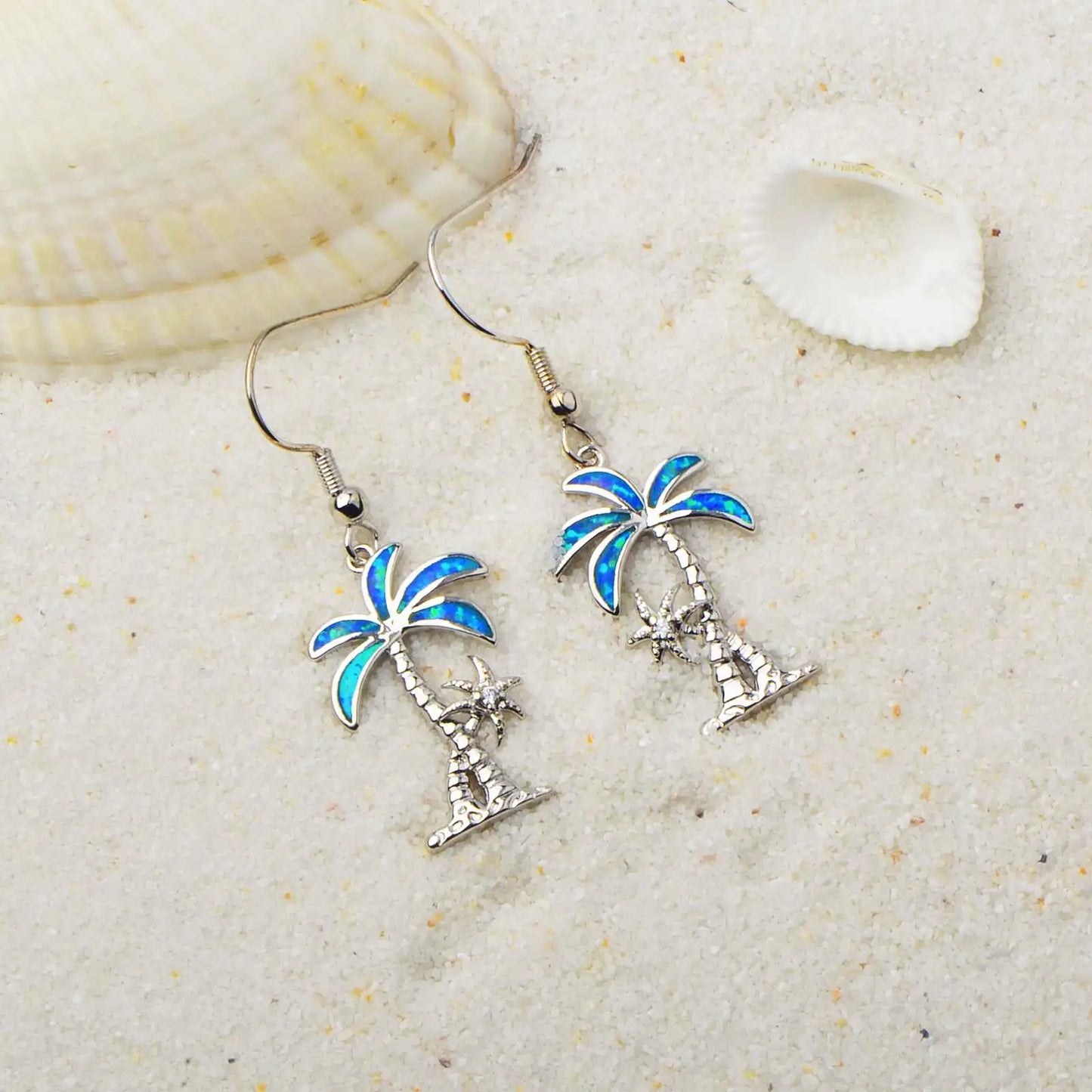 Trendy Silver Plated Brass Tropical Palm Tree Blue Fire Opal Starfish Drop Earrings-Women's Beach Vacation Jewelry Bulk Gifts