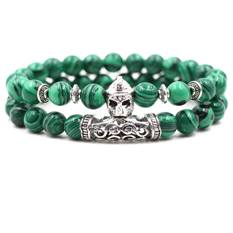 Classic Natural Silver Lion Owl Buddha Head Charm Bracelet Set for Unisex Anniversary 8mm Diamond-Embossed Bangle Chain Bead