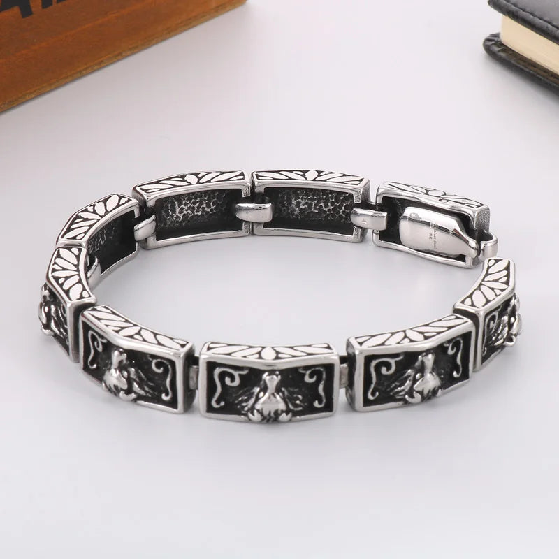KALEN 215mm Men Punk Stainless Steel Rectangular Links Bracelet With Wolf Head Patterns