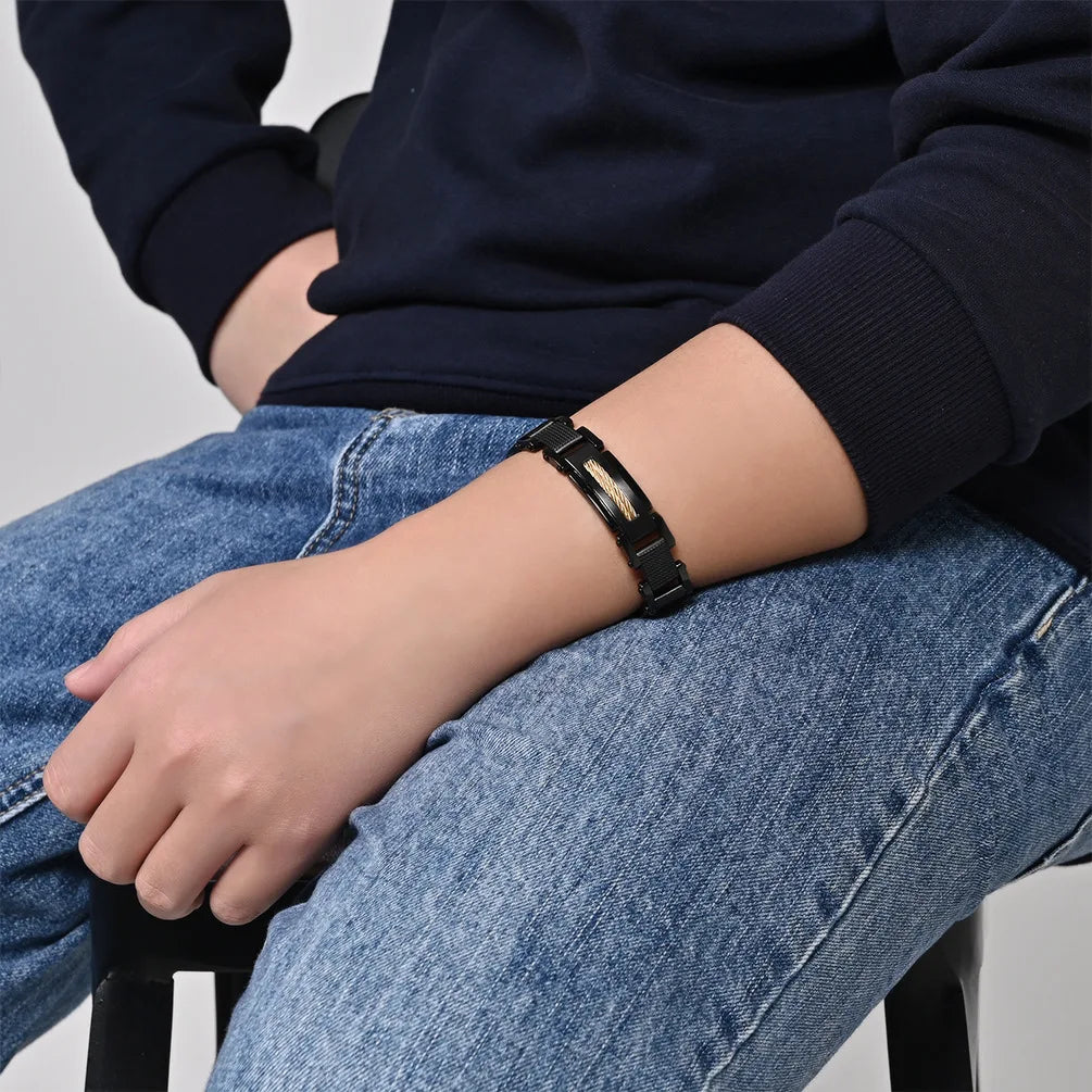 REBEL Men's Stainless Steel Black Zinc Plated Two-Tone Geometric Chain & Link Bracelet for Anniversary