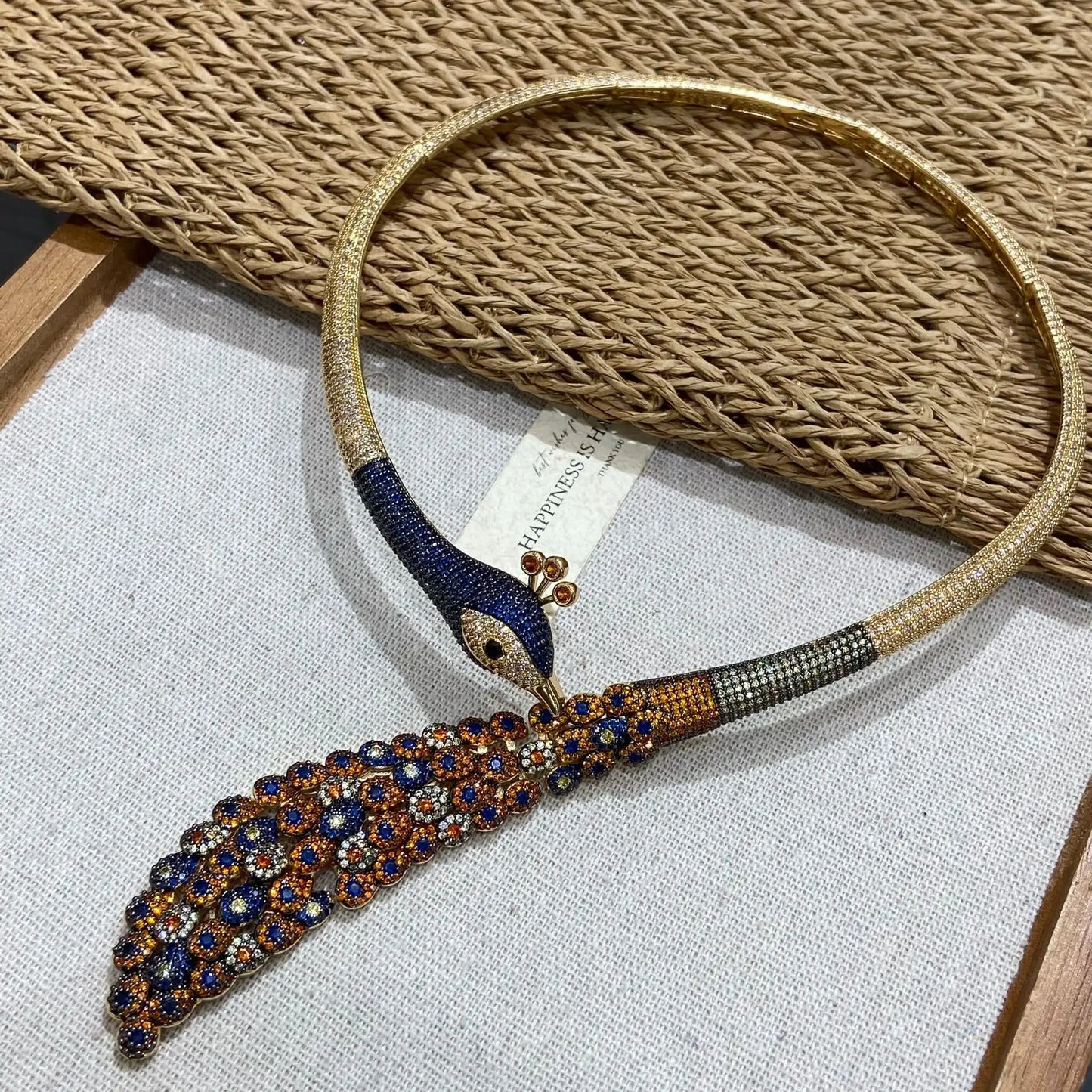 Luxury Peacock Multicolour Zirconia Gold-Plated Choker Necklace & Ring Set
