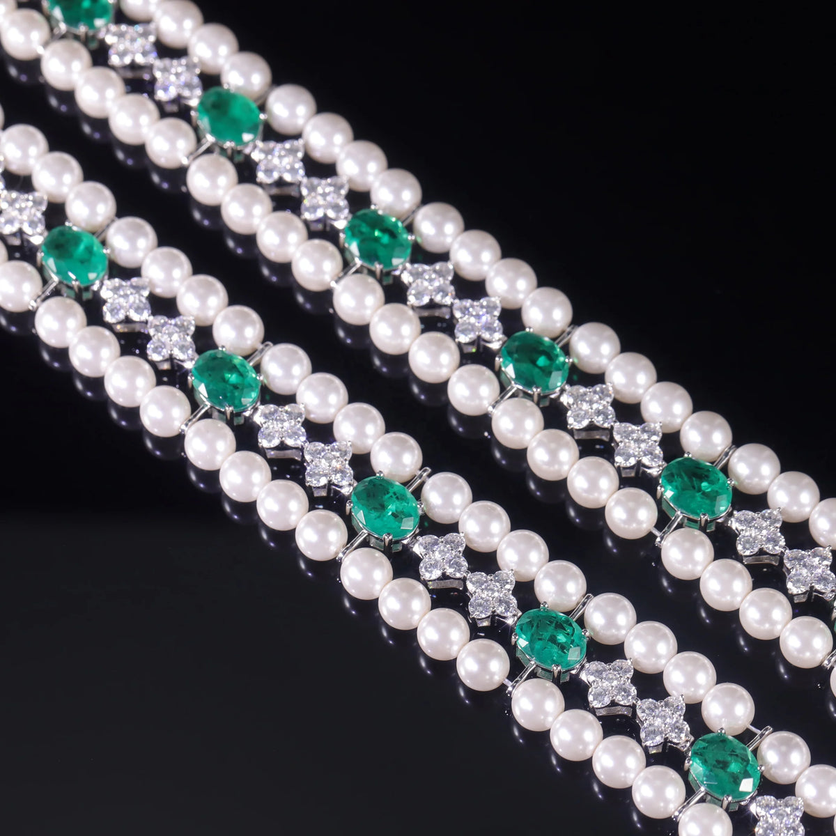 Gemfiori AB067 Abiding Exquisite Imitated White Pearl Emerald White Quartz 925 Silver 3 Row Tennis Bracelet for Ladies at Best Price