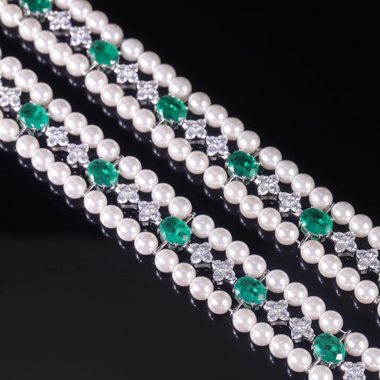 Gemfiori AB067 Abiding Exquisite Imitated White Pearl Emerald White Quartz 925 Silver 3 Row Tennis Bracelet for Ladies at Best Price