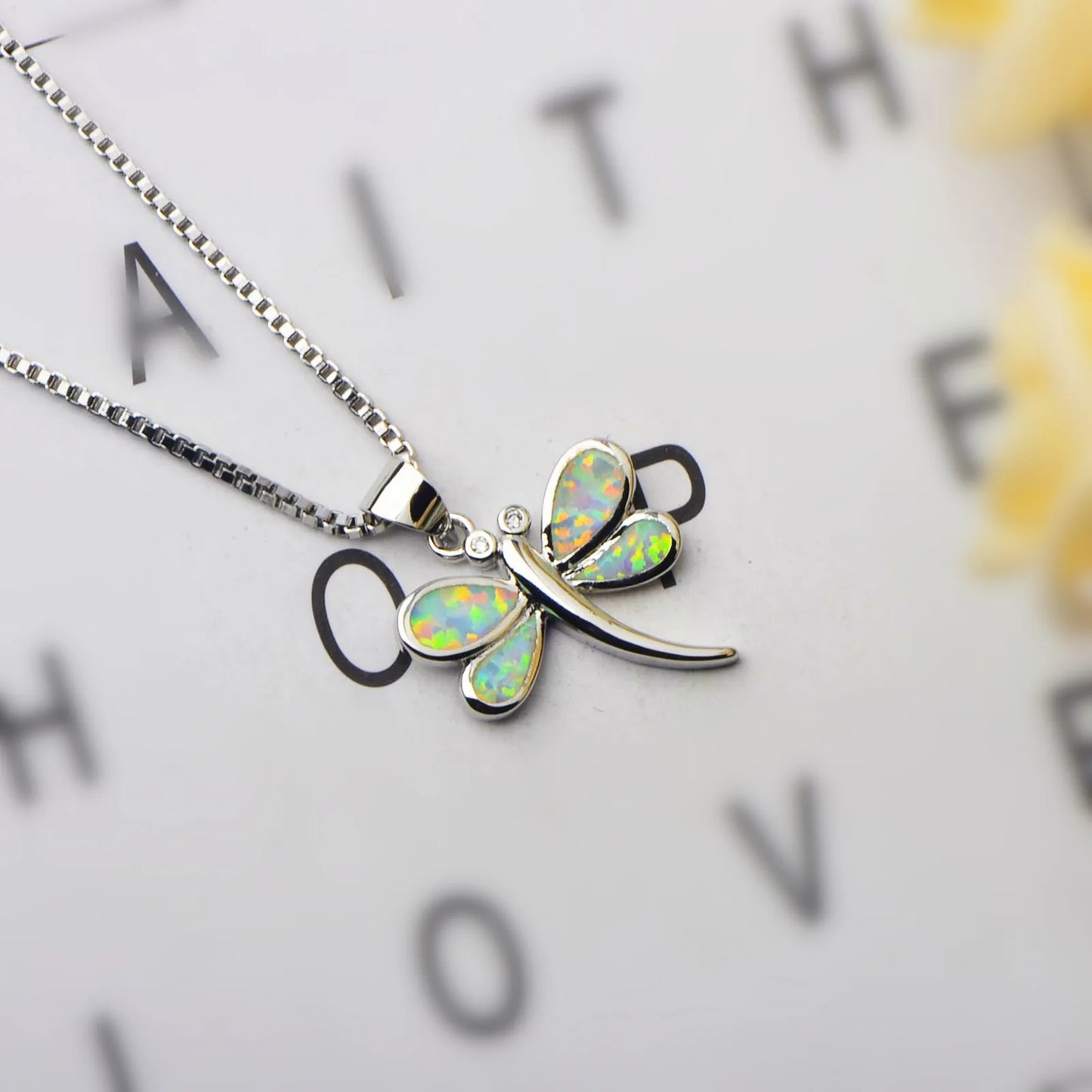 Minimalist Blue Opal Dragonfly Pendant | Copper Silver Plated Box Chain Lariat Necklace-Trendy Women's Gift