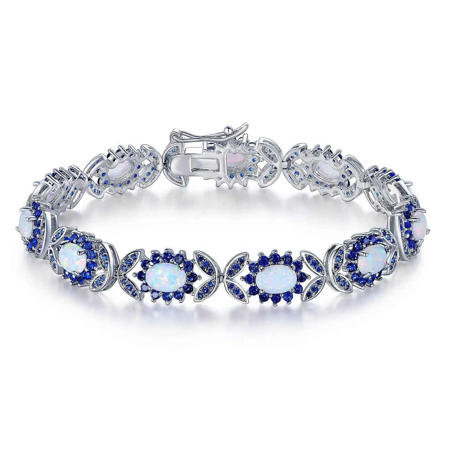 Trendy Brass Beaded Oval-Shaped Flower Pattern Bracelets Opal Inlays-Bohemia Style Women's Jewelry Gold/Silver Plated