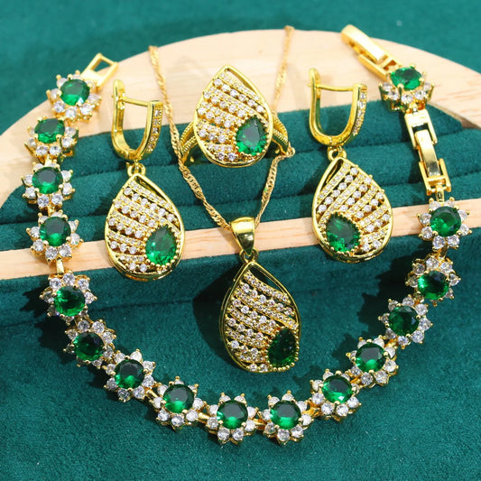 Luxurious Green Zircon Bracelet Earrings Necklace Open Ring Set Women's Gold Color Jewelry for Party Halloween-Luxury Gifts