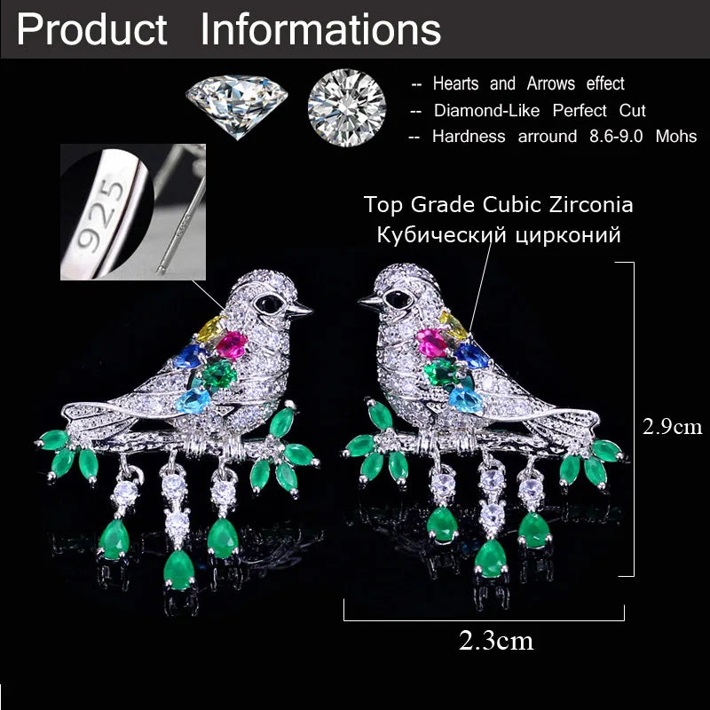 S&S 3D Green CZ Bird Dangle Drop Earrings | Lucky Animal Jewellery | NewLife