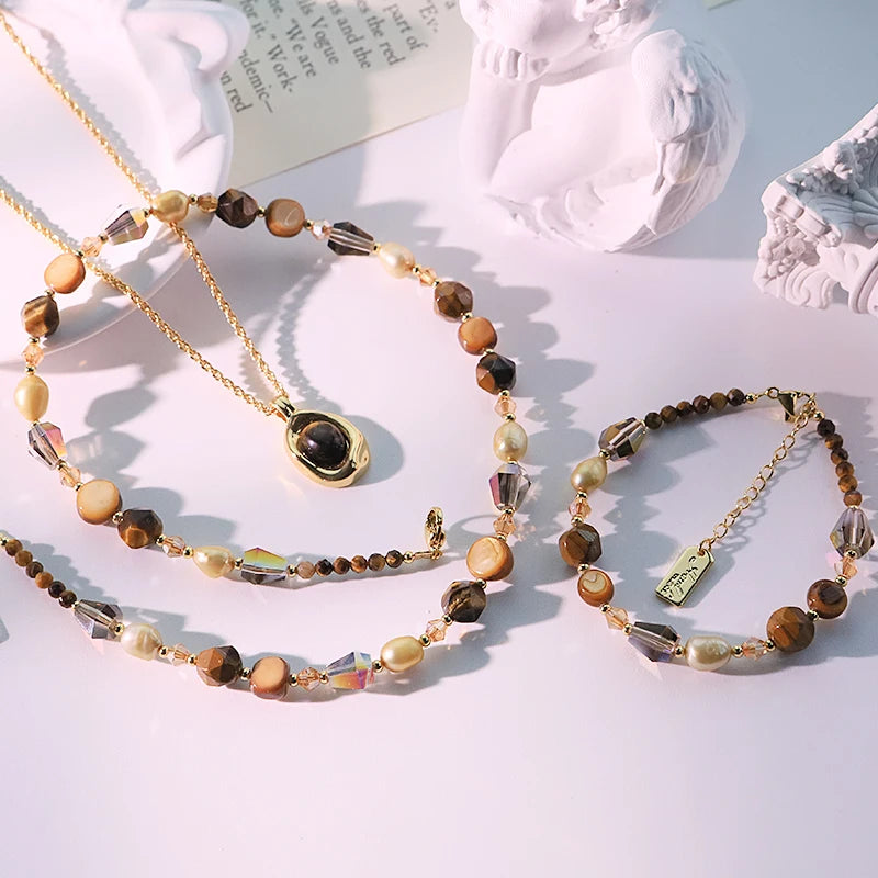 Natural Pearl Tiger Eye Stone Pendant Bracelet Set of Three New Design Creative Set for Banquet Gifts Women's Jewelry GS0219