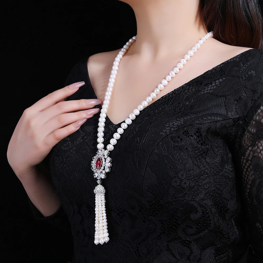 MUSHAN Jewelry Factory S925 Silver Natural Freshwater Pearl High End and Elegant Women Tassel Necklace Sweater Chain Bestseller