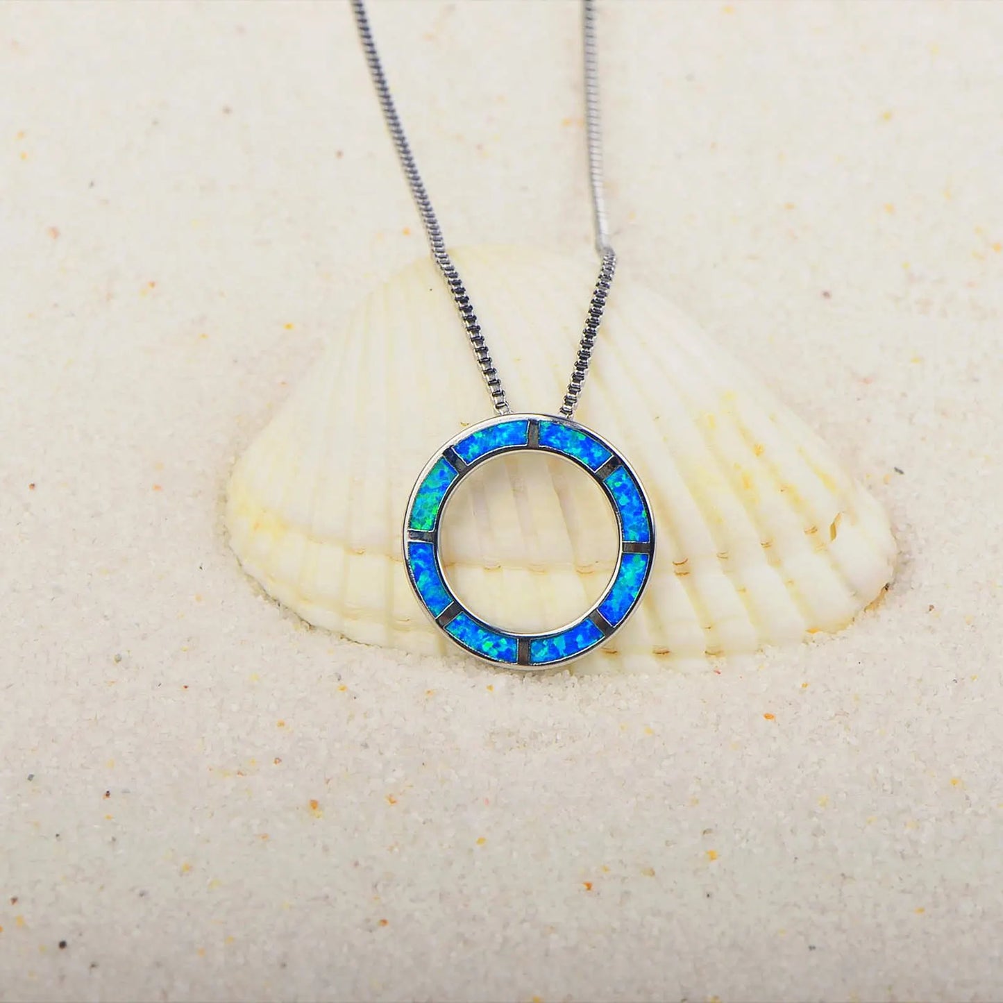 TikTok Viral Copper Box Chain Christian Circle Opal Necklace | Blue Minimalist Jewelry-Ins Trendy Bulk Supply